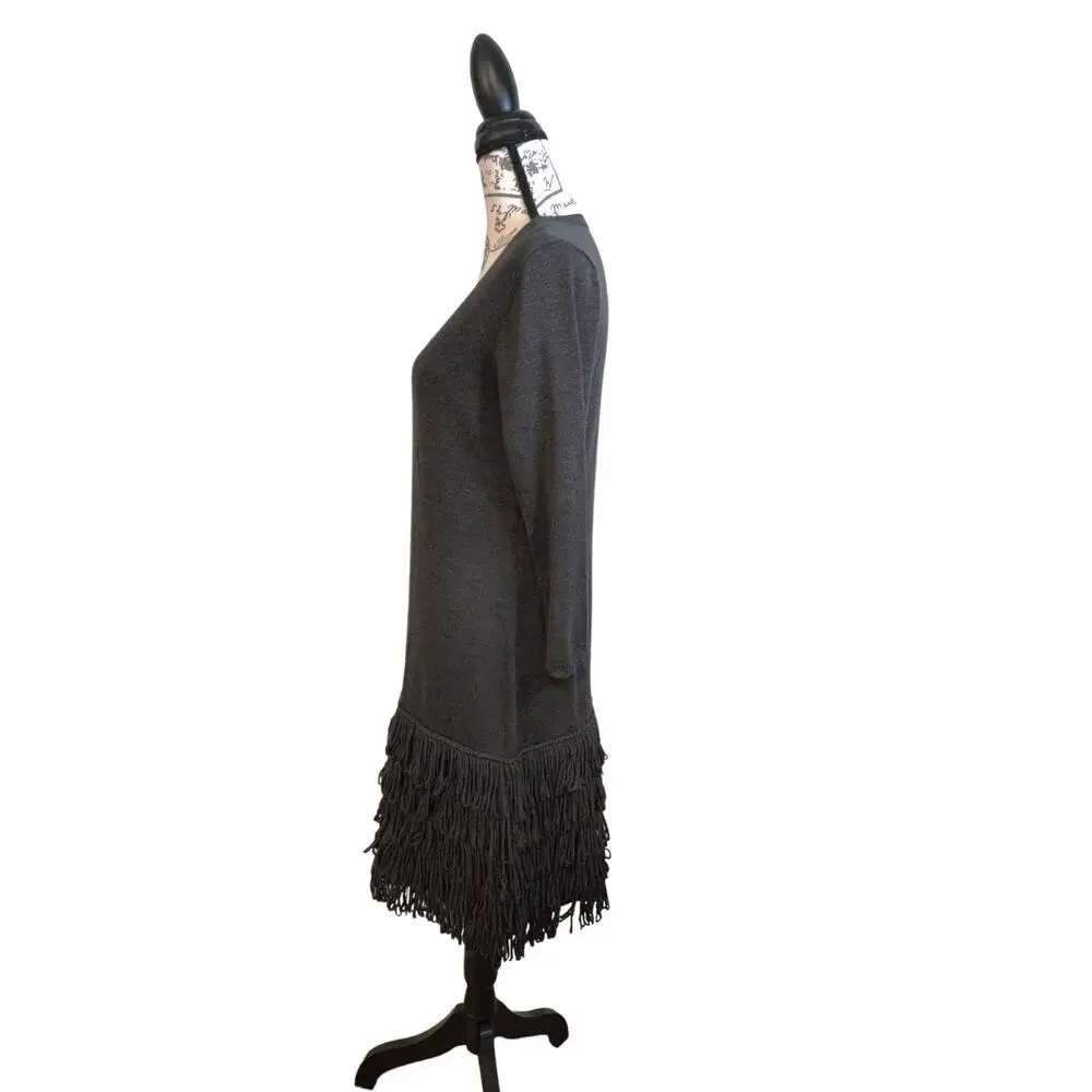 Calvin Klein Gray Charcoal Knit Sweater 3/4 Sleeve Tiered Fringed Hem Dress‎ L